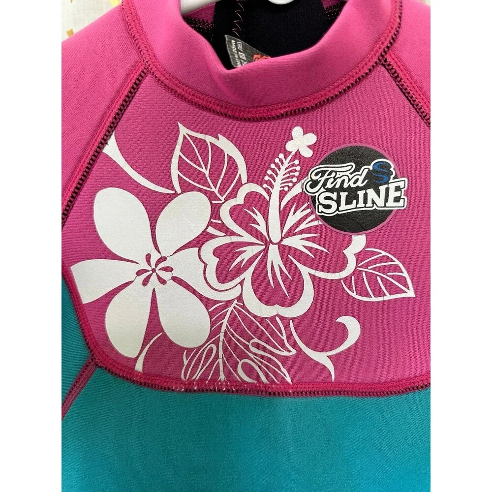 Slinx Girls 3MM Find Sline Floral Pink Blue Neoprene Back Zip Full Wetsuit S